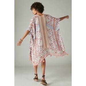 Lucky Brand Womens Kimono One Size Peach Multi Boho Print Beach Coverup Fringe